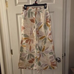 Nicole Miller sz S 100% linen floral tropical pullon wide leg crop pant resort